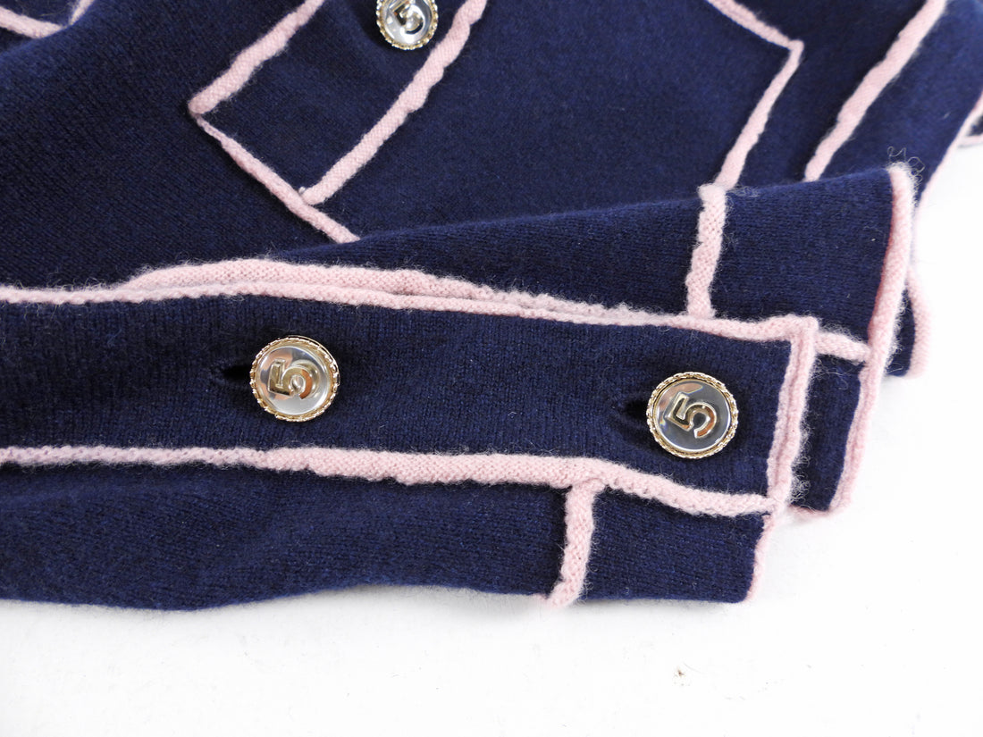 Chanel 21S Navy and Pink No. 5 Cashmere Cardigan Sweater - FR42 / 10