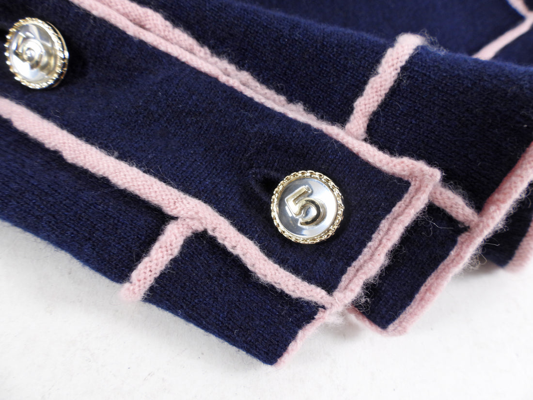 Chanel 21S Navy and Pink No. 5 Cashmere Cardigan Sweater - FR42 / 10