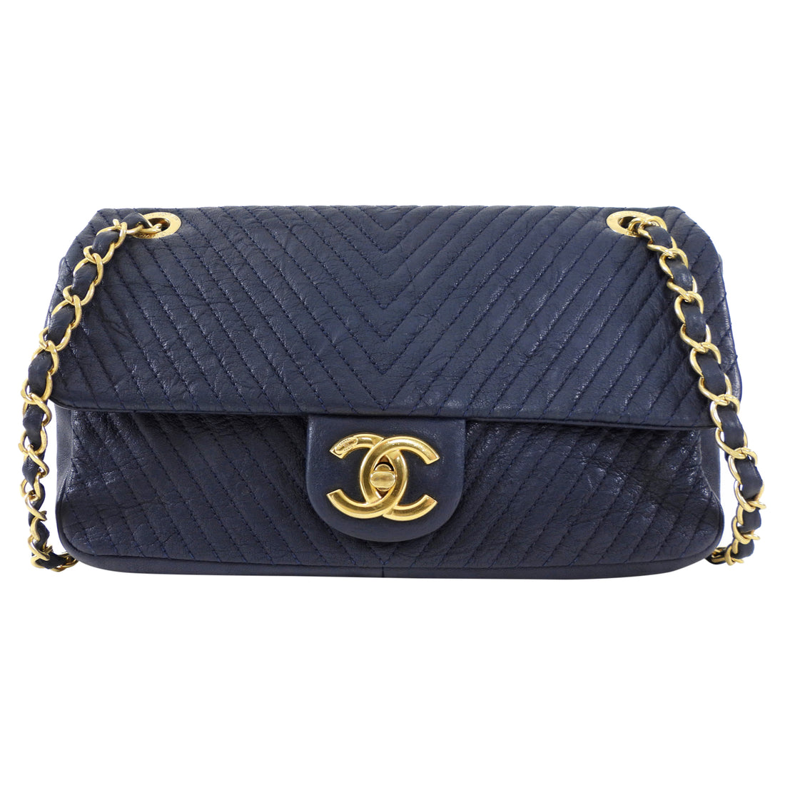 Chanel Surpique Chevron Navy Quilted Leather Medium Flap Bag
