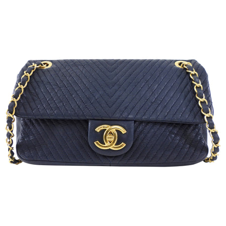 Chanel Surpique Chevron Navy Quilted Leather Medium Flap Bag