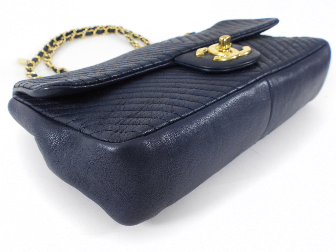Chanel Surpique Chevron Navy Quilted Leather Medium Flap Bag