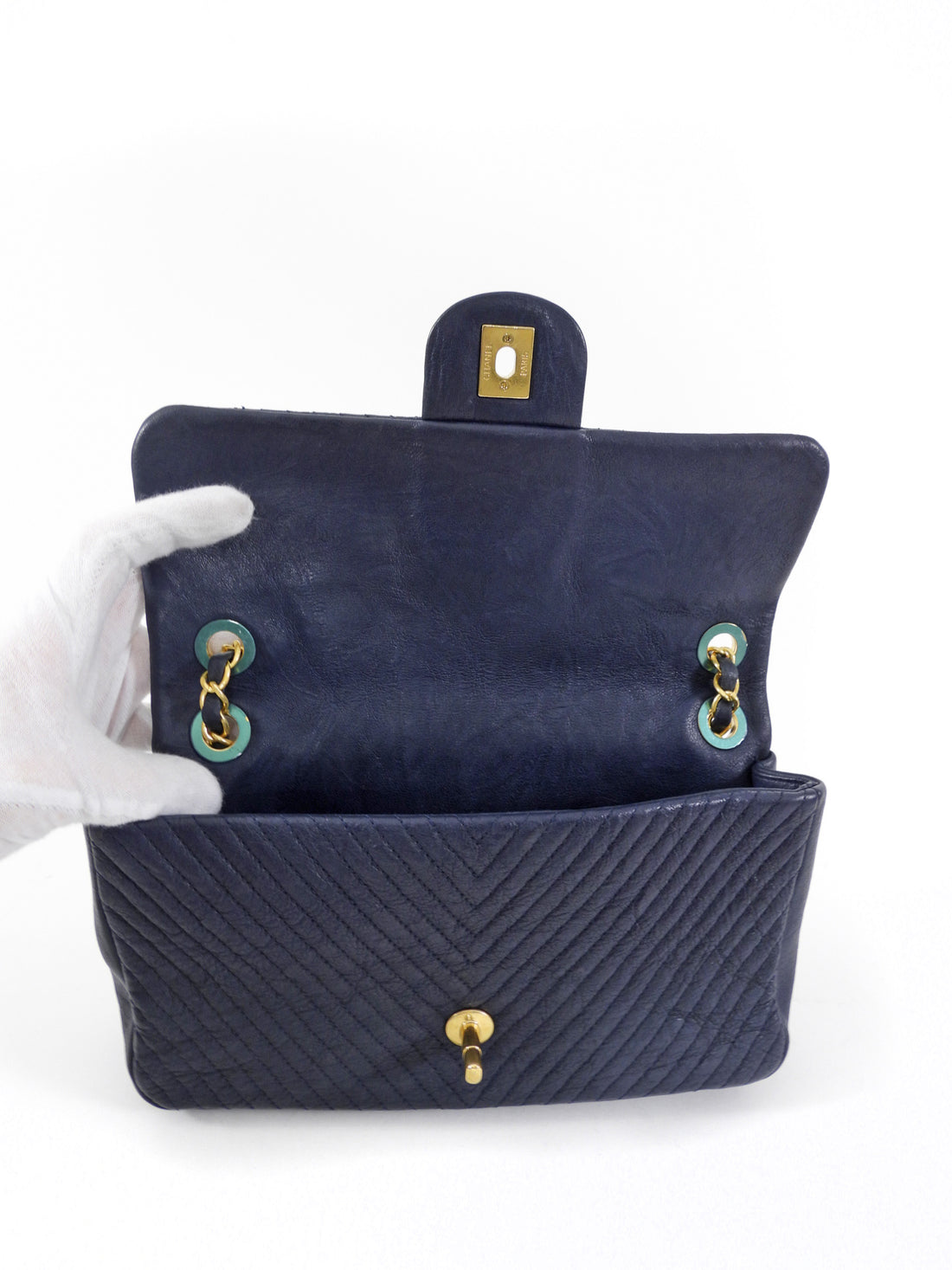 Chanel Surpique Chevron Navy Quilted Leather Medium Flap Bag