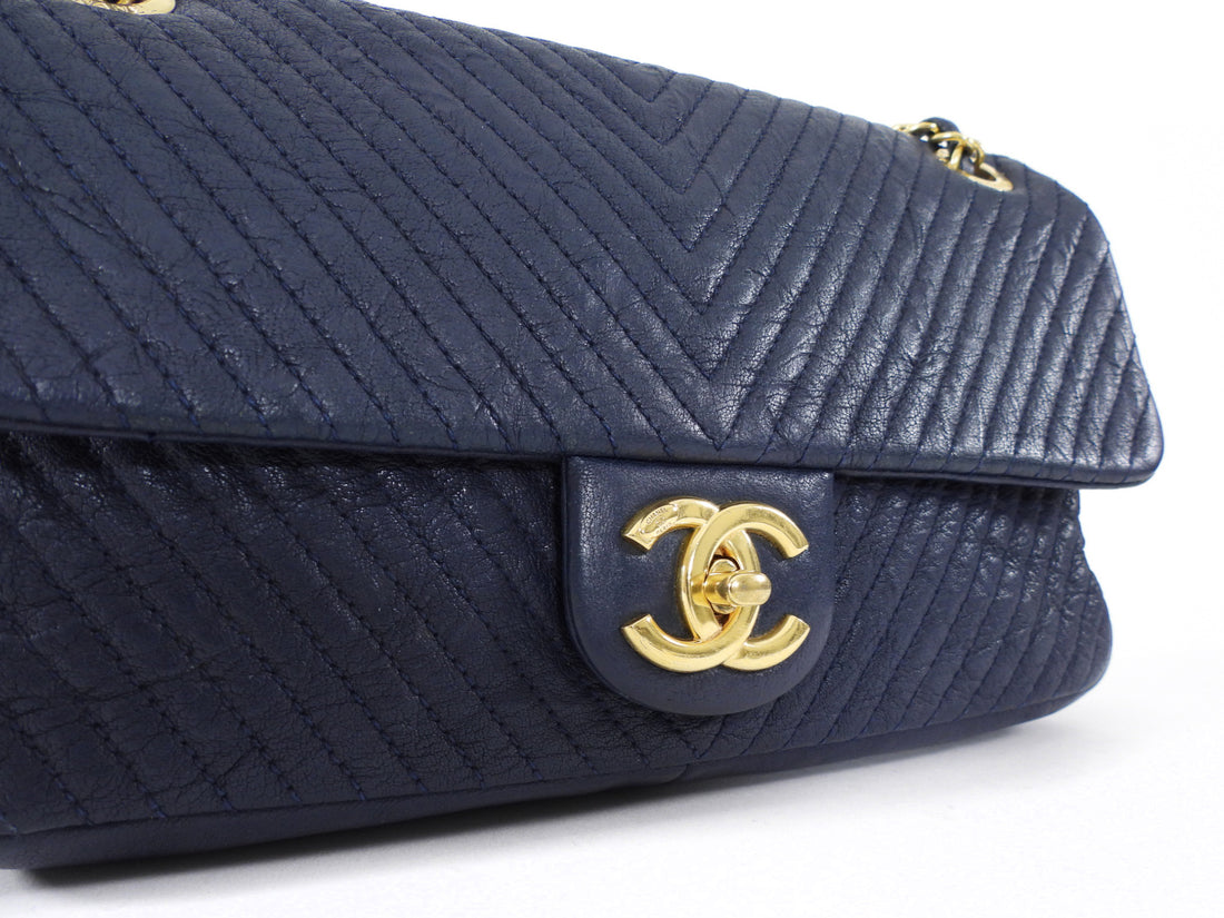 Chanel Surpique Chevron Navy Quilted Leather Medium Flap Bag