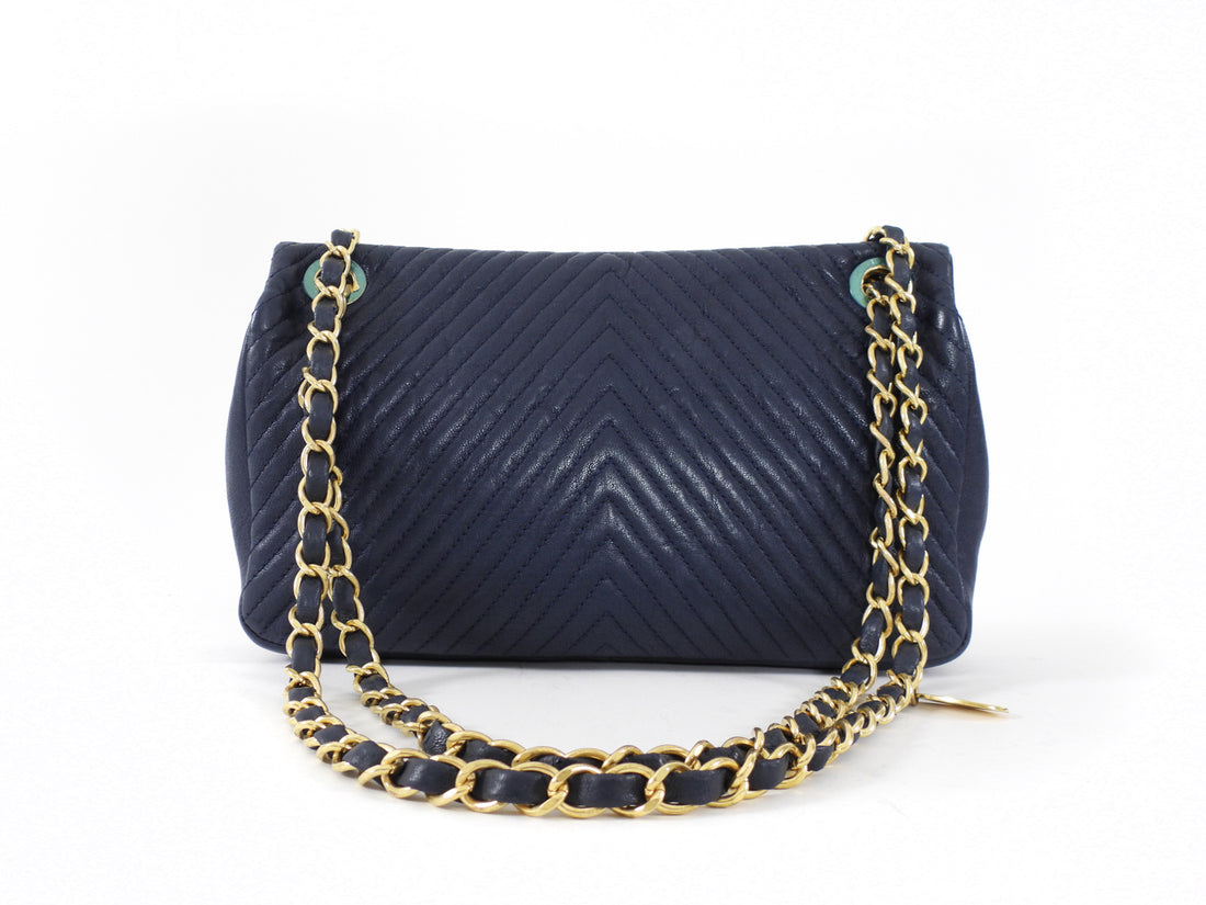 Chanel Surpique Chevron Navy Quilted Leather Medium Flap Bag
