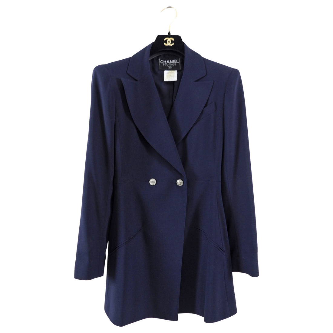Chanel 98P Navy Wool Fitted Long Skirt Suit with Silver CC Buttons - 6