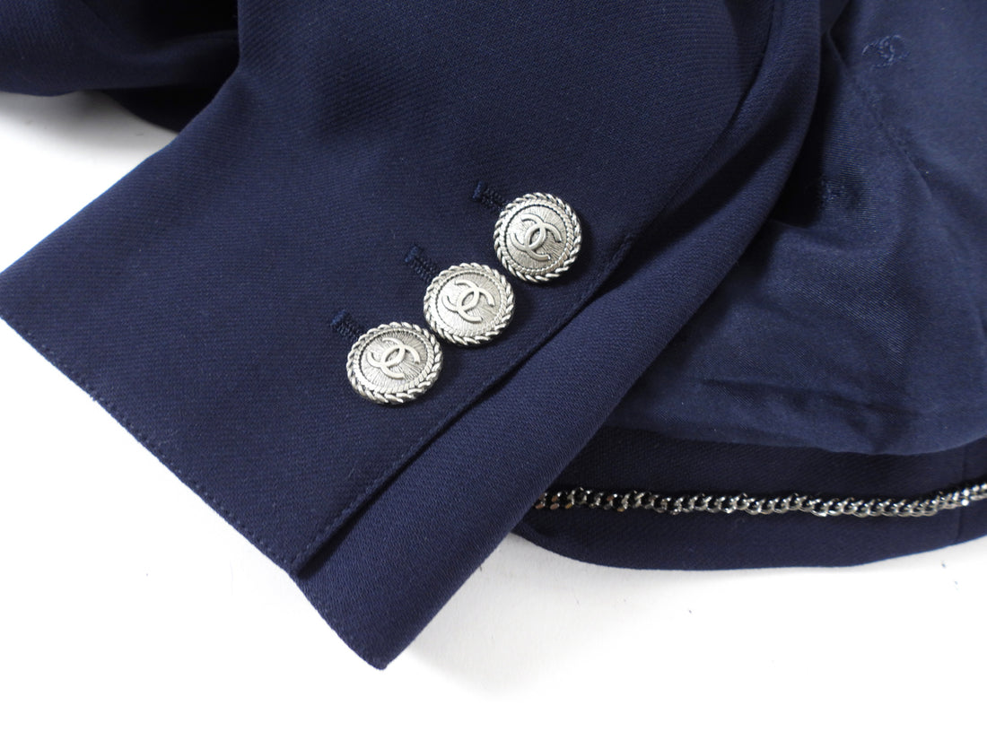 Chanel 98P Navy Wool Fitted Long Skirt Suit with Silver CC Buttons - 6