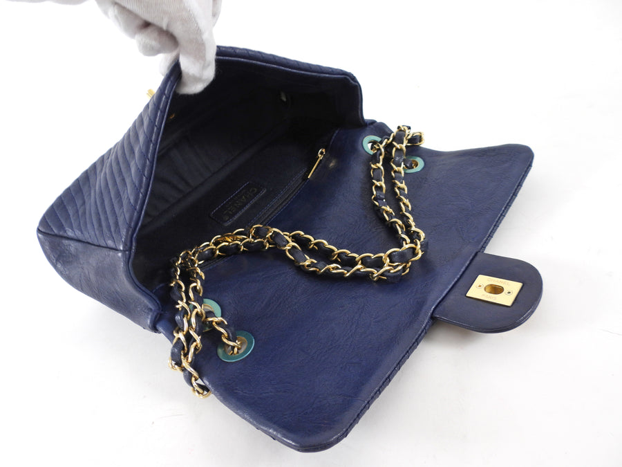 Chanel Surpique Chevron Navy Quilted Leather Medium Flap Bag