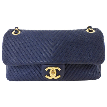 Chanel Surpique Chevron Navy Quilted Leather Medium Flap Bag