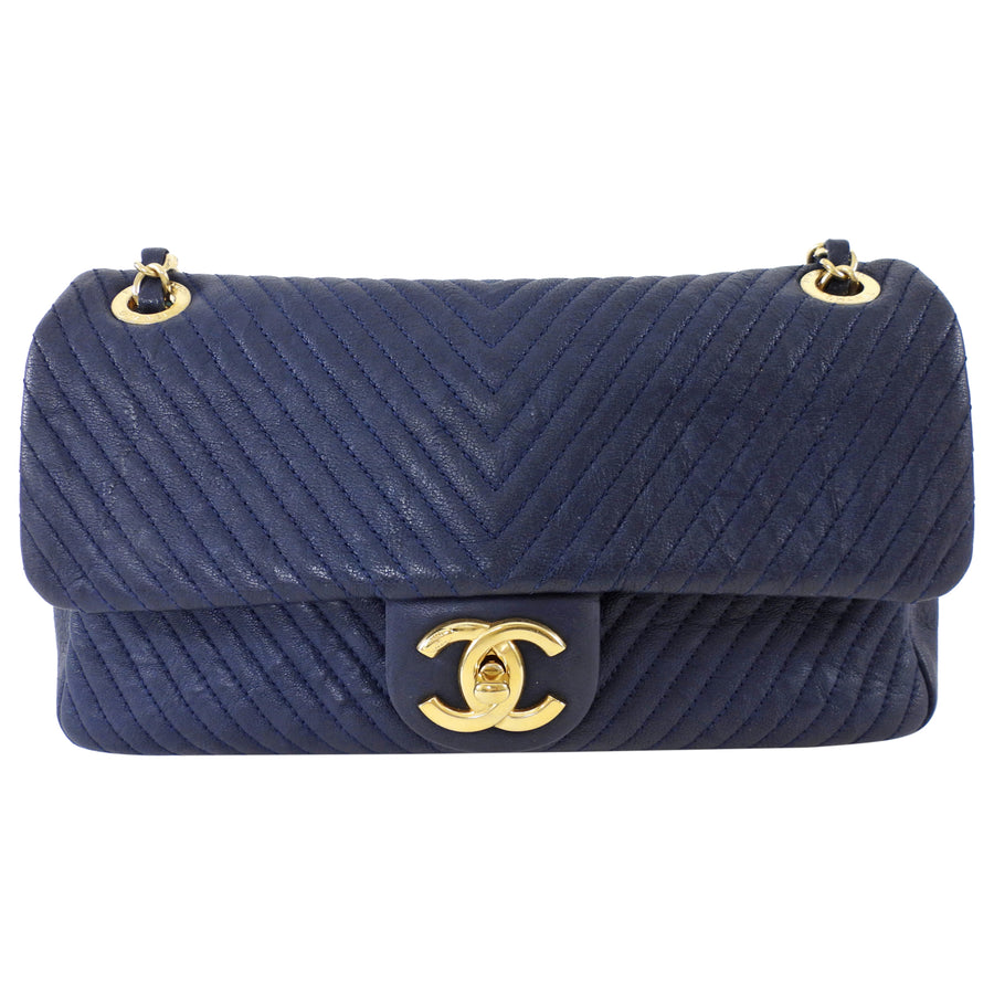 Chanel Surpique Chevron Navy Quilted Leather Medium Flap Bag