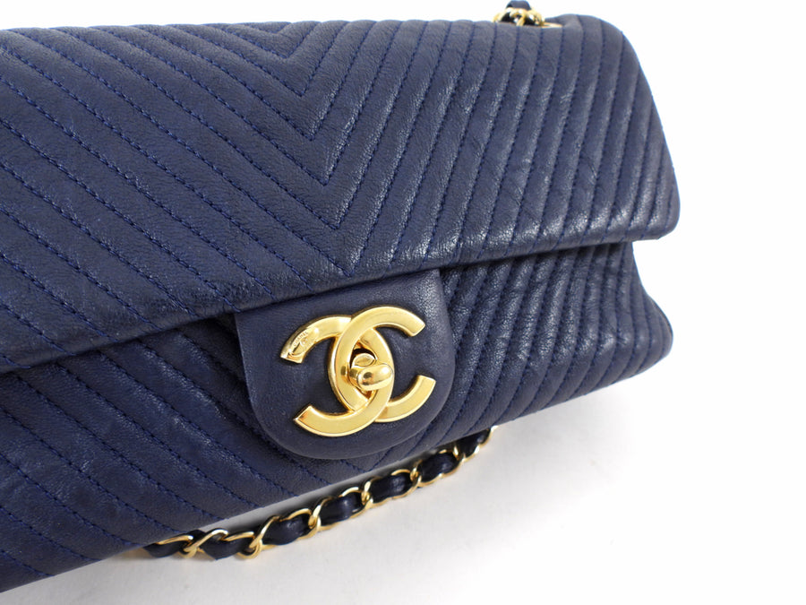 Chanel Surpique Chevron Navy Quilted Leather Medium Flap Bag