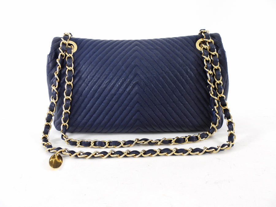 Chanel Surpique Chevron Navy Quilted Leather Medium Flap Bag
