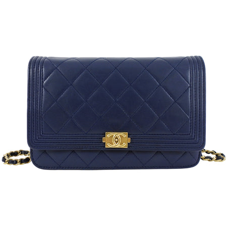 Chanel Navy Quilted Leather Boy Wallet on Chain GHW