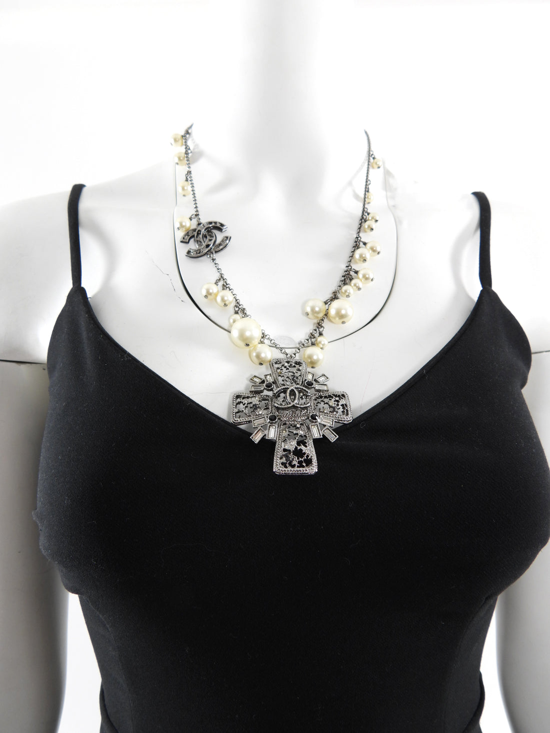 Chanel 10C Pearl and Crystal Grey CC Cross Necklace