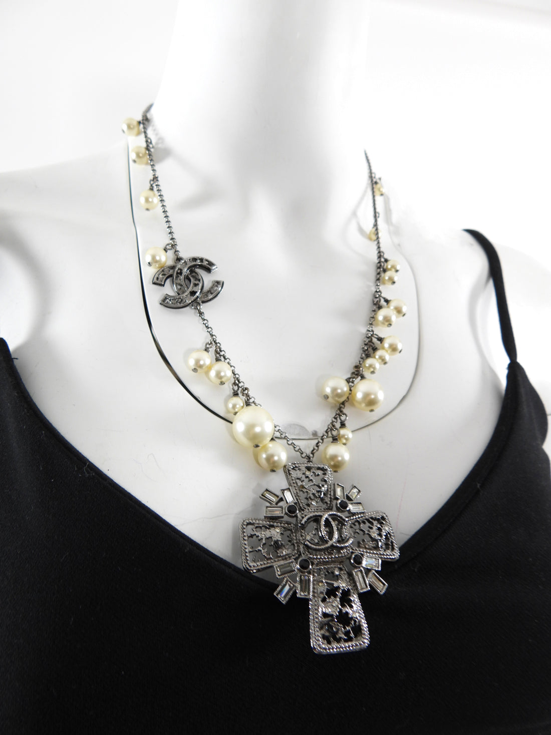 Chanel 10C Pearl and Crystal Grey CC Cross Necklace