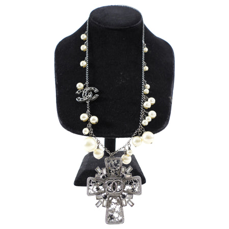 Chanel 10C Pearl and Crystal Grey CC Cross Necklace