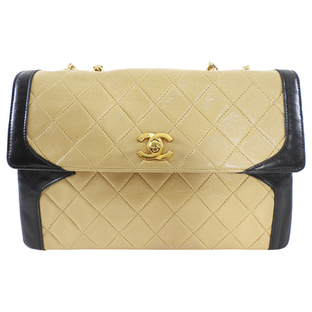 Chanel Vintage 1989 Beige and Black Two-Tone Medium Flap Bag