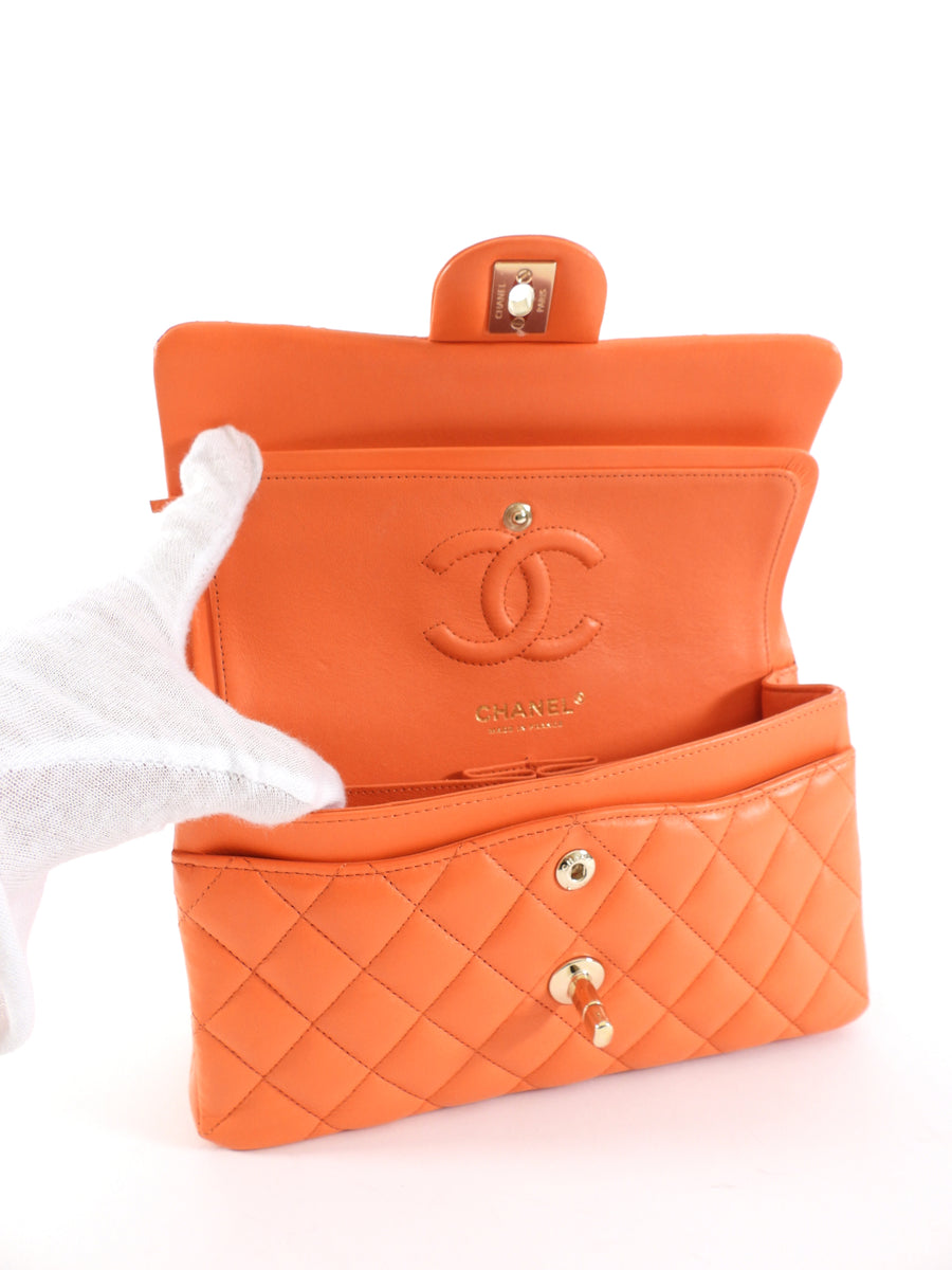 Chanel Small Orange Lambskin Leather Small Double Classic Flap Bag LGHW