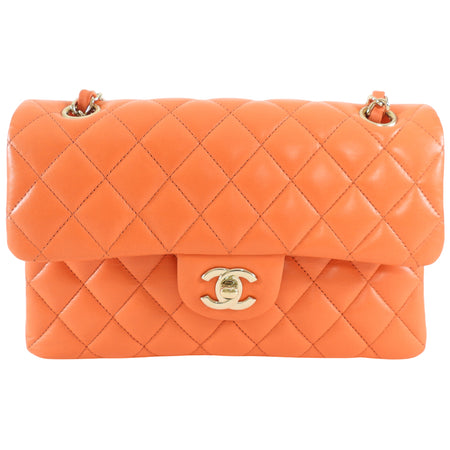 Chanel Small Orange Lambskin Leather Small Double Classic Flap Bag LGHW