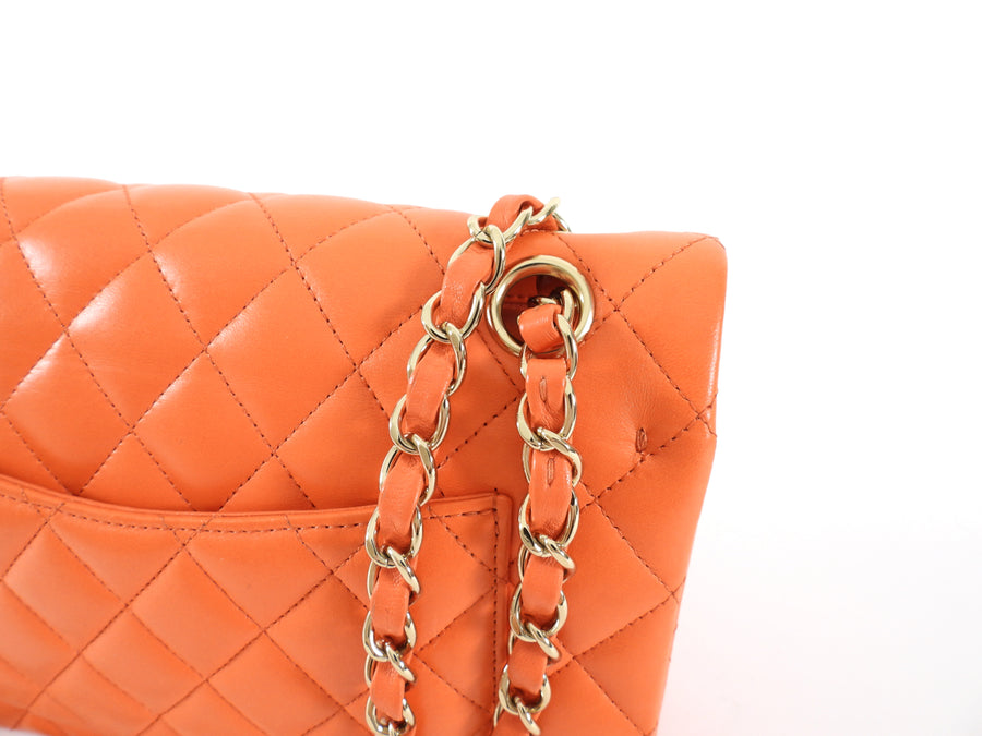 Chanel Small Orange Lambskin Leather Small Double Classic Flap Bag LGHW