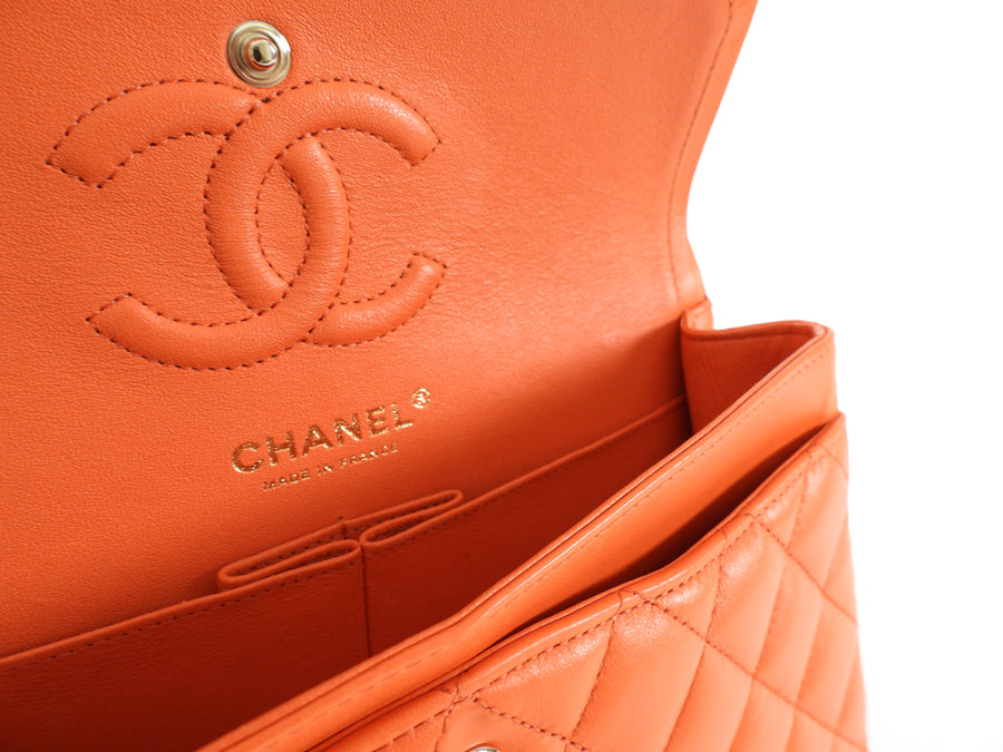 Chanel Small Orange Lambskin Leather Small Double Classic Flap Bag LGHW