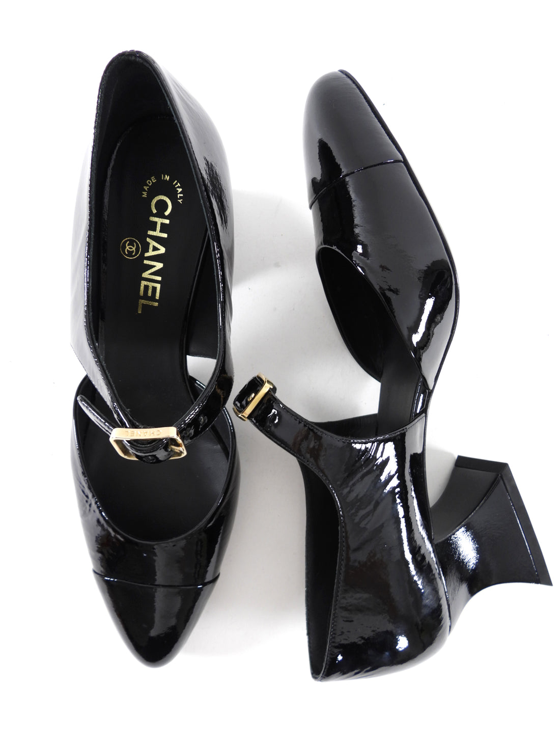 Chanel 2022 Black Patent D’Orsay Buckle Pumps with Curved Heel - 40C