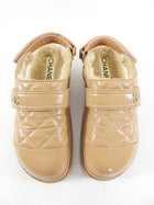 Chanel 2023 Beige Patent Quilted Shearling Mules - 36.5