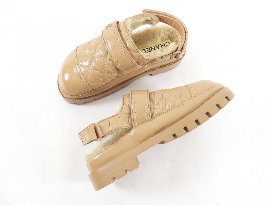 Chanel 2023 Beige Patent Quilted Shearling Mules - 36.5