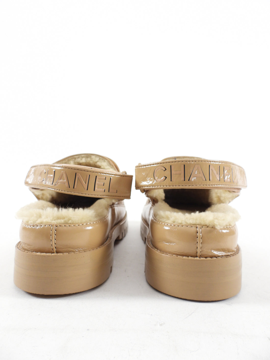 Chanel 2023 Beige Patent Quilted Shearling Mules - 36.5