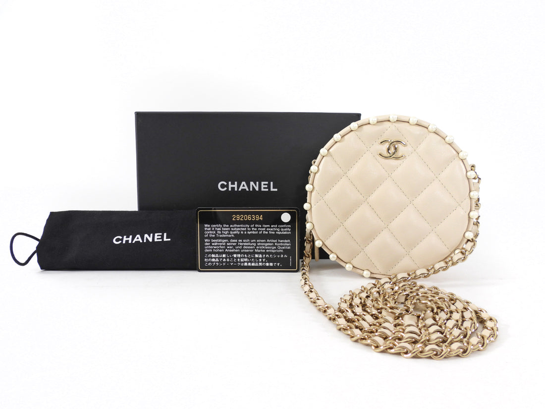 Chanel Light Beige Leather Mini Quilted Round Pearl Trim Crossbody Bag