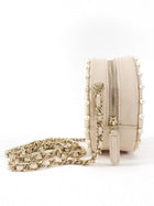 Chanel Light Beige Leather Mini Quilted Round Pearl Trim Crossbody Bag