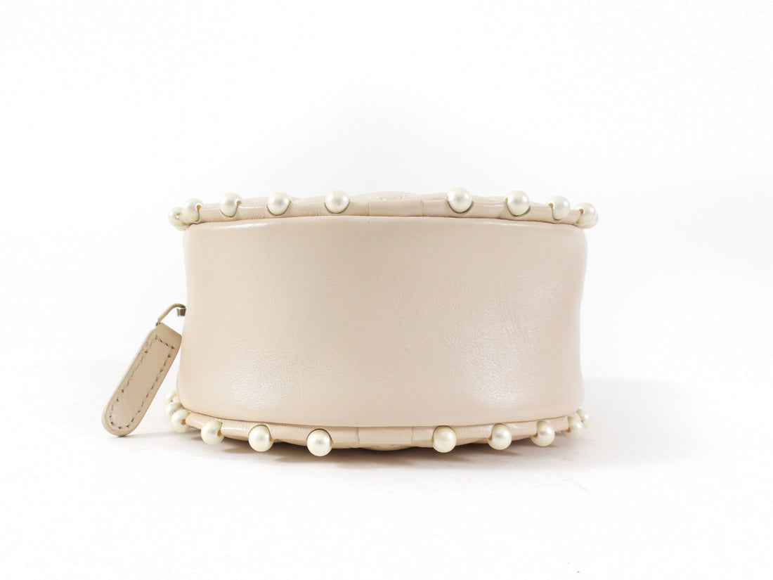 Chanel Light Beige Leather Mini Quilted Round Pearl Trim Crossbody Bag