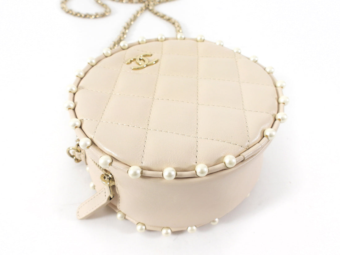 Chanel Light Beige Leather Mini Quilted Round Pearl Trim Crossbody Bag