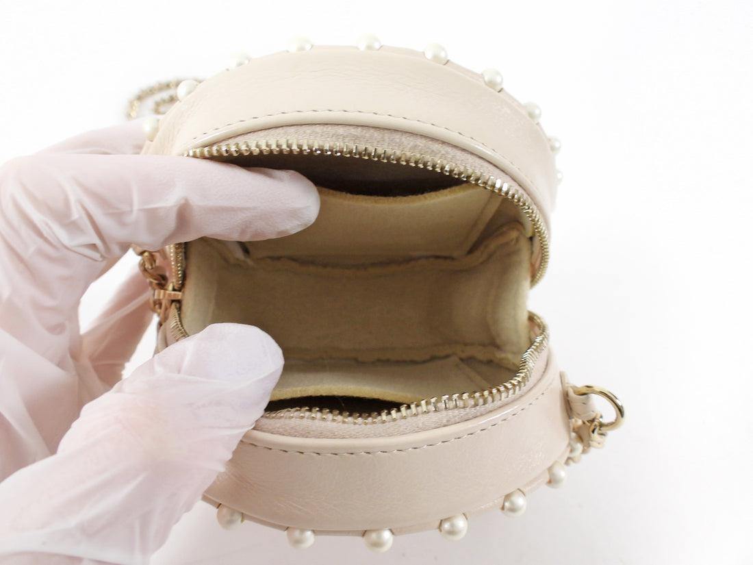 Chanel Light Beige Leather Mini Quilted Round Pearl Trim Crossbody Bag