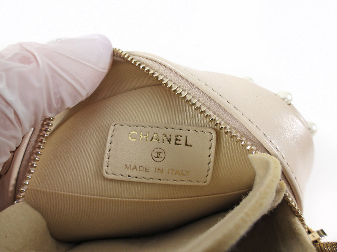Chanel Light Beige Leather Mini Quilted Round Pearl Trim Crossbody Bag