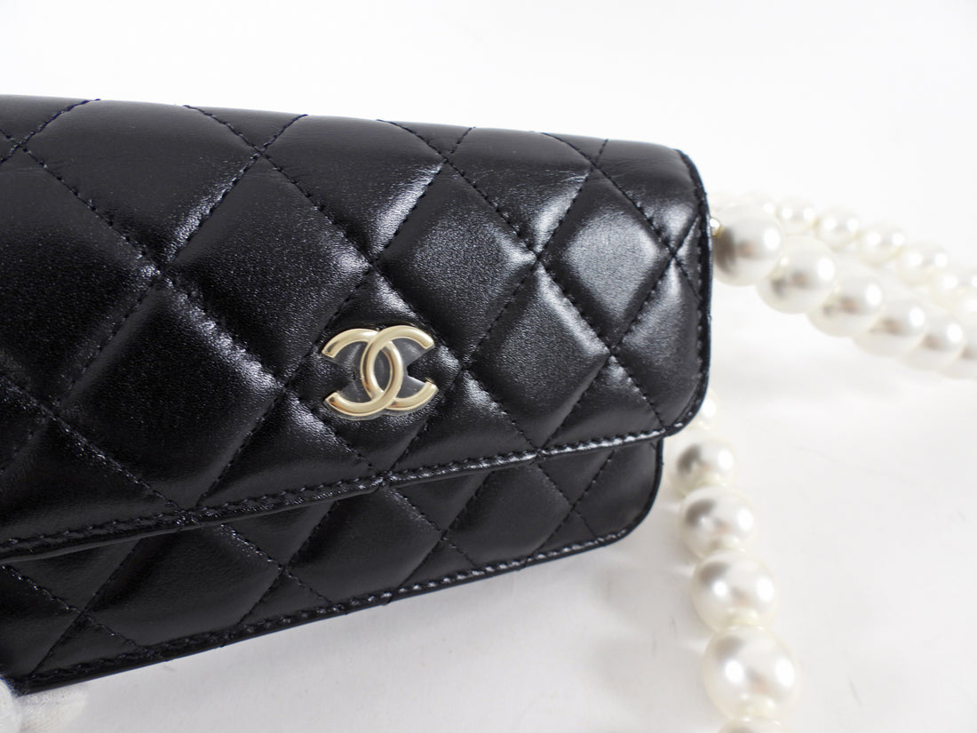 Chanel Black Leather Mini Lambskin Maxi Pearls Clutch on Chain