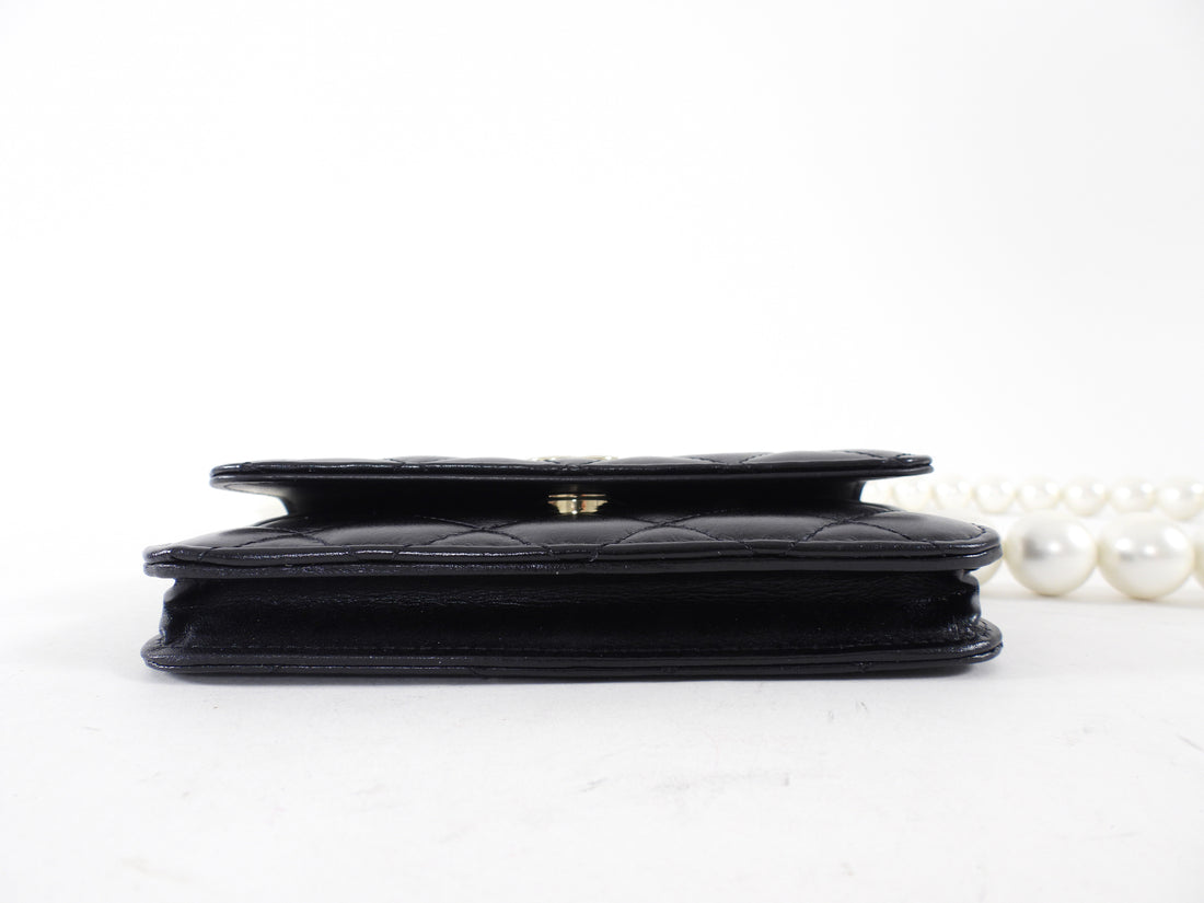 Chanel Black Leather Mini Lambskin Maxi Pearls Clutch on Chain