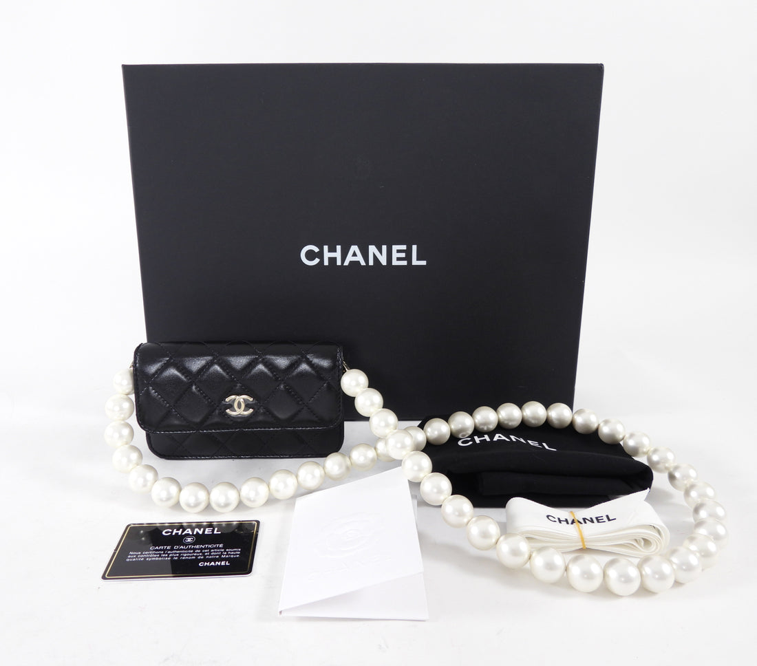 Chanel Black Leather Mini Lambskin Maxi Pearls Clutch on Chain