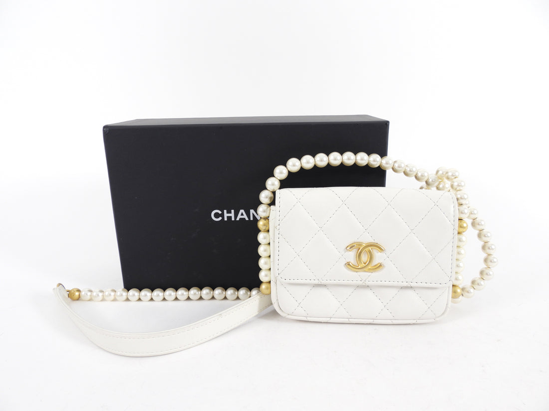 Chanel Ivory White About Pearls Mini Card Holder on Strap