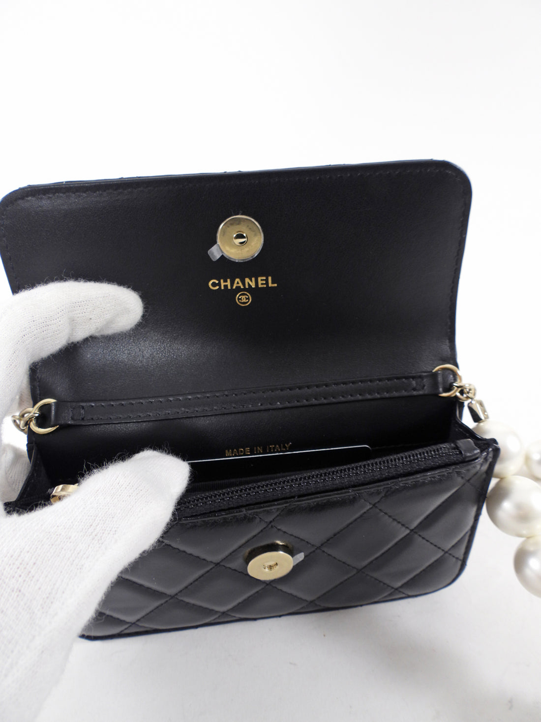 Chanel Black Leather Mini Lambskin Maxi Pearls Clutch on Chain