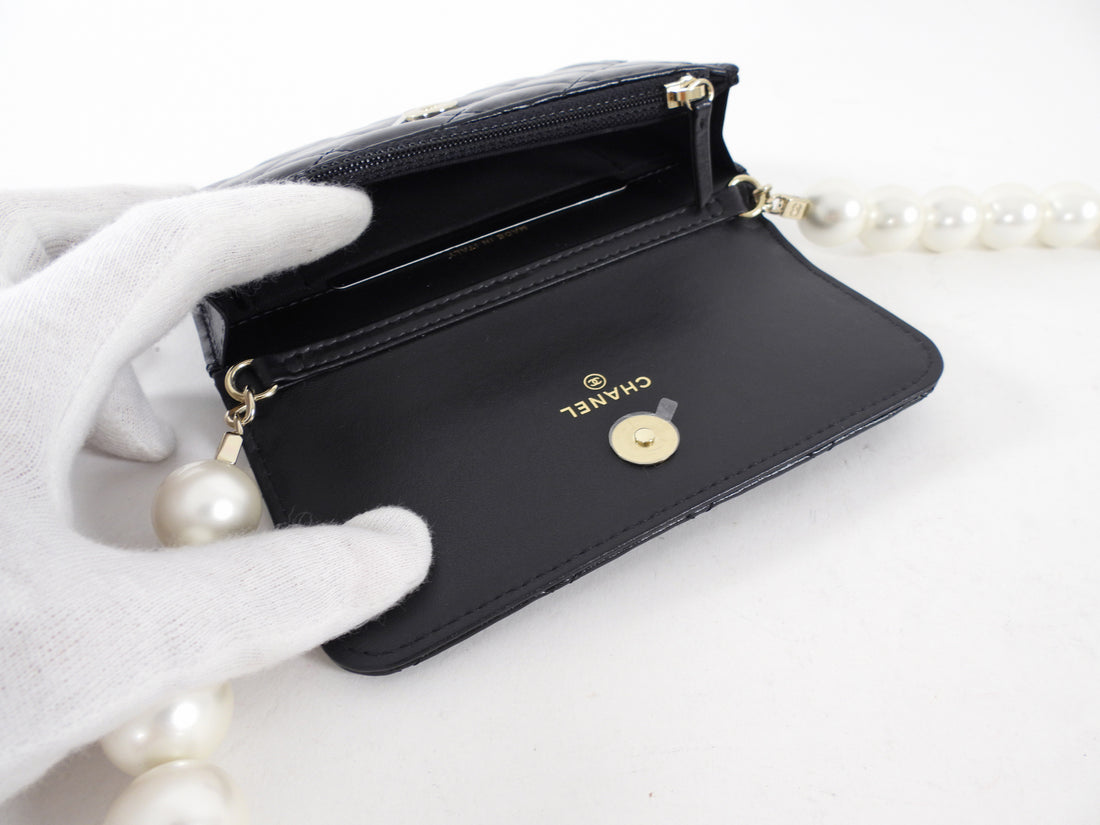Chanel Black Leather Mini Lambskin Maxi Pearls Clutch on Chain