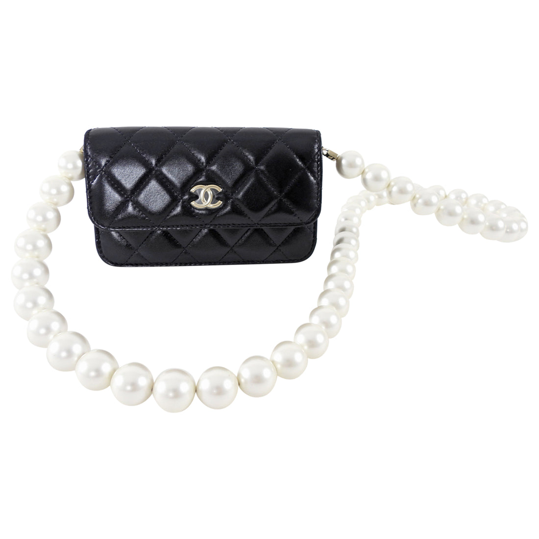 Chanel Black Leather Mini Lambskin Maxi Pearls Clutch on Chain