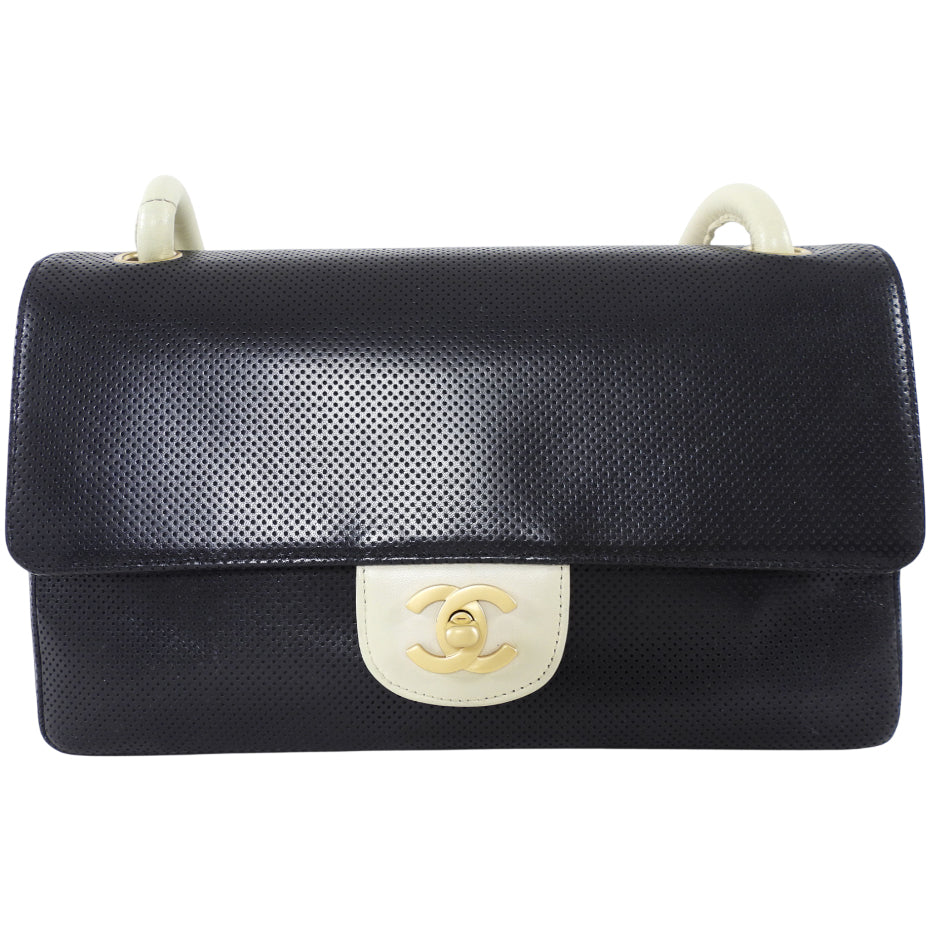 Chanel Vintage Black and Ivory Two Tone Perforated Leather Flap Bag