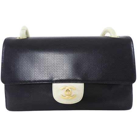 Chanel Vintage Black and Ivory Two Tone Perforated Leather Flap Bag