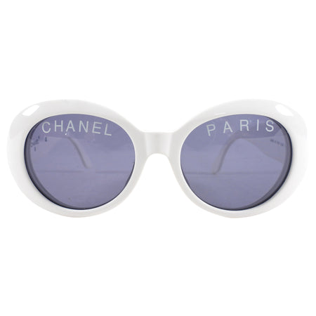 Chanel Vintage 1993 Spring 01947 White Oval Acetate Logo Sunglasses