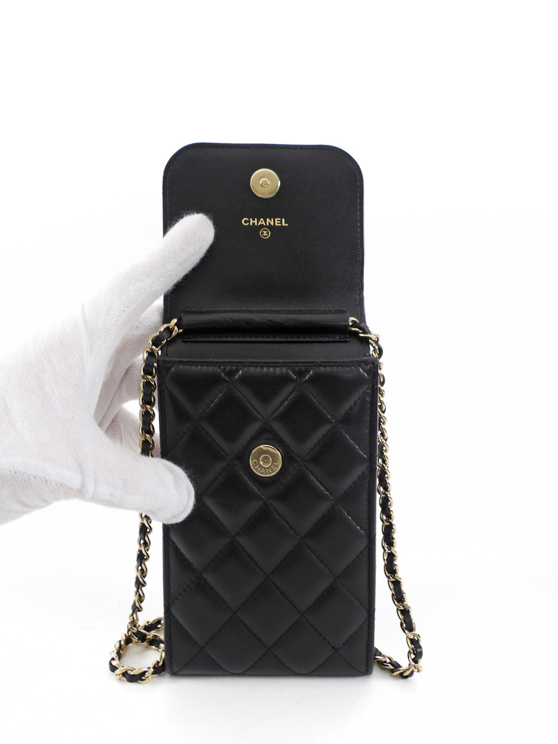 Chanel Black Leather Quilted CC Camelia Bow Crossbody Phone Holder