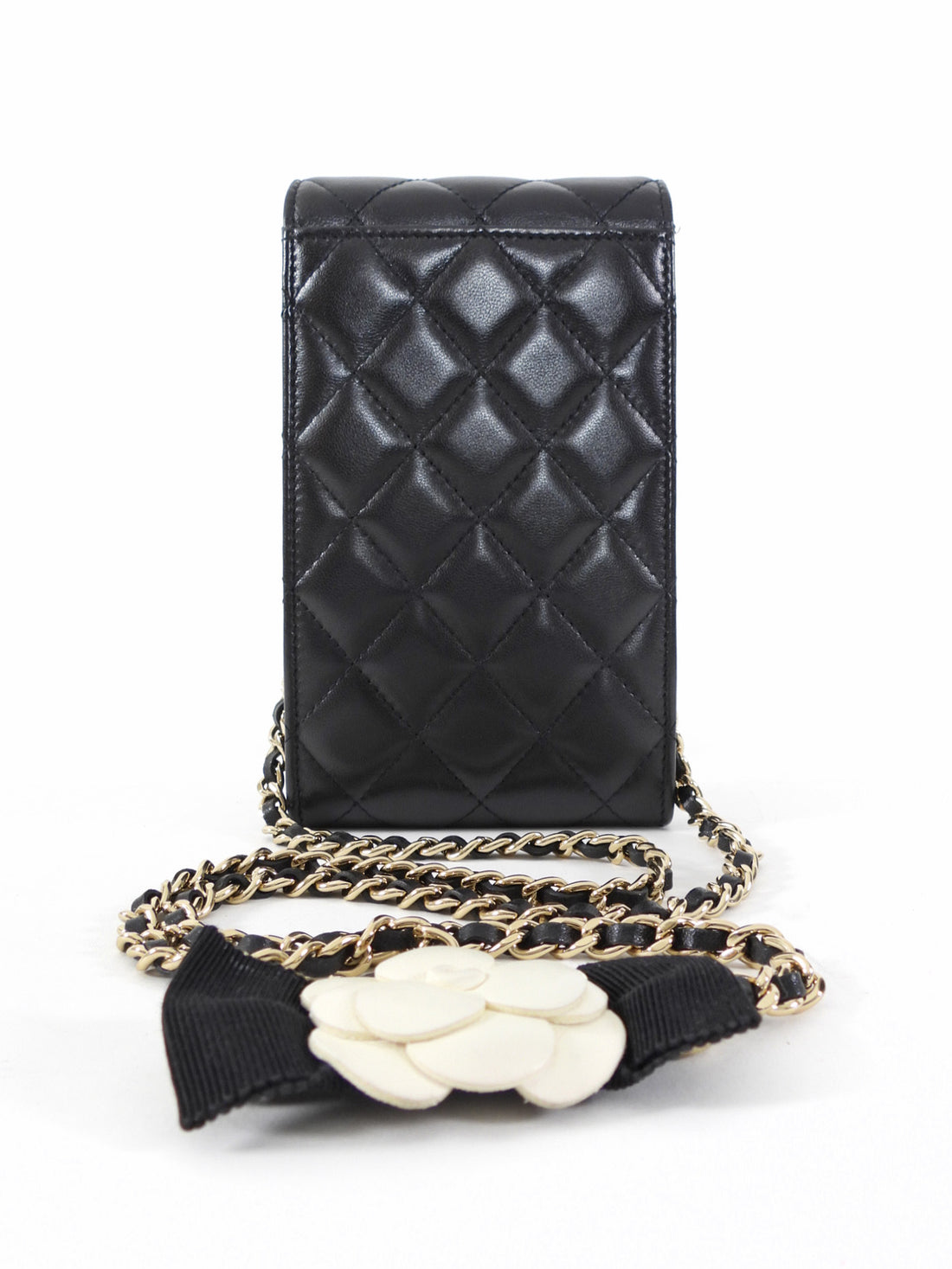 Chanel Black Leather Quilted CC Camelia Bow Crossbody Phone Holder