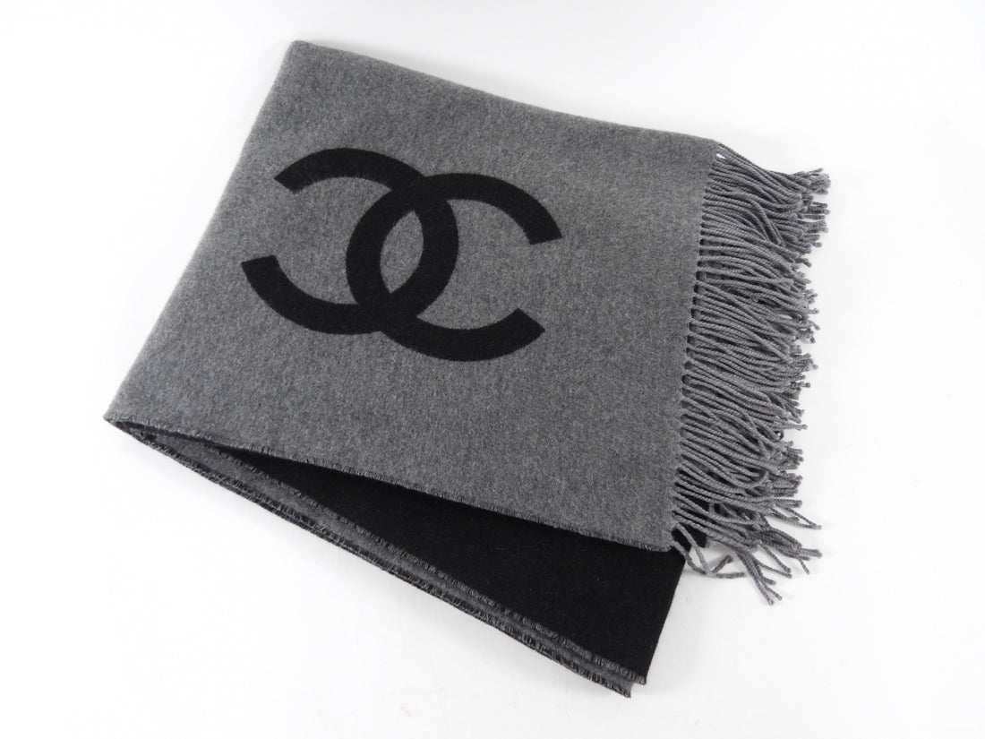 Chanel Charcoal Grey and Black Spellout Logo CC Pillow and Throw Blanket Set