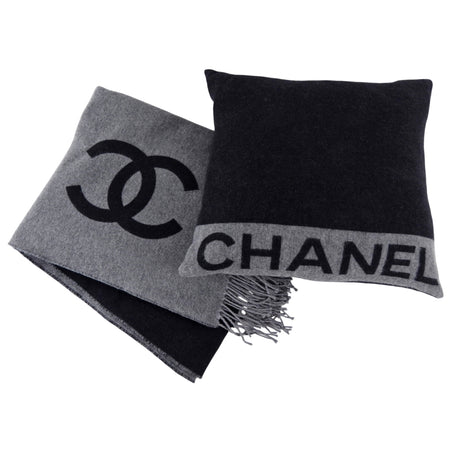 Chanel Charcoal Grey and Black Spellout Logo CC Pillow and Throw Blanket Set