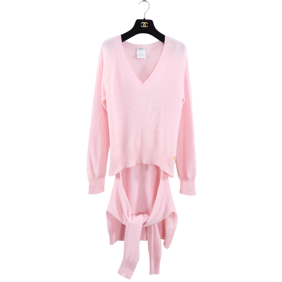 Chanel 05P Pink Cashmere V-neck Sweater with Waist Tie - M