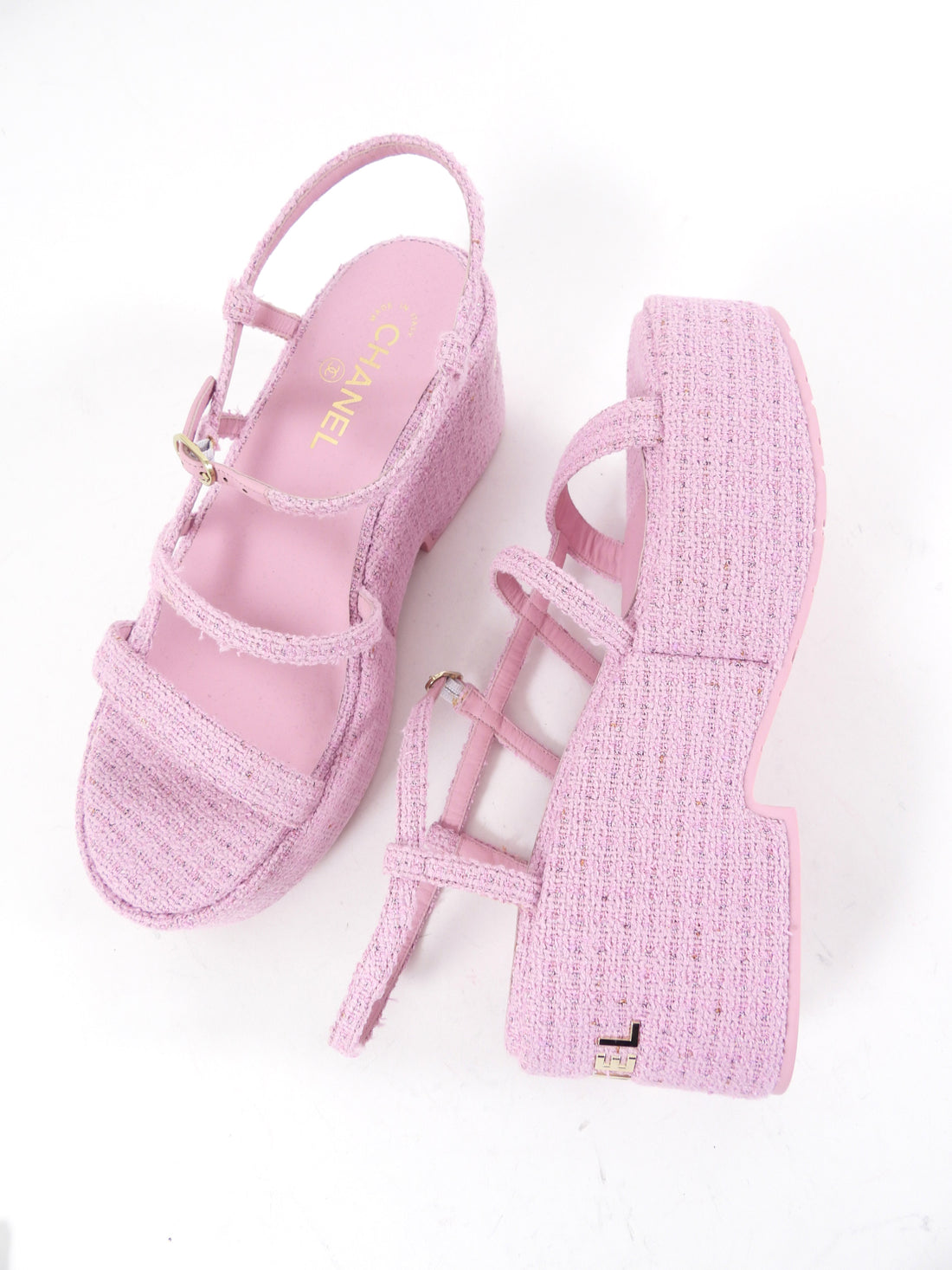 Chanel 23C Pink Tweed Platform Sandal with Logo at Heel - 41
